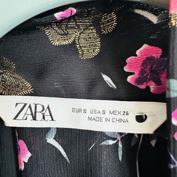 ZARA Metallic‎ Shimmer Tie Neck Blouse Small Gold Floral Statement - Picture 4 of 15